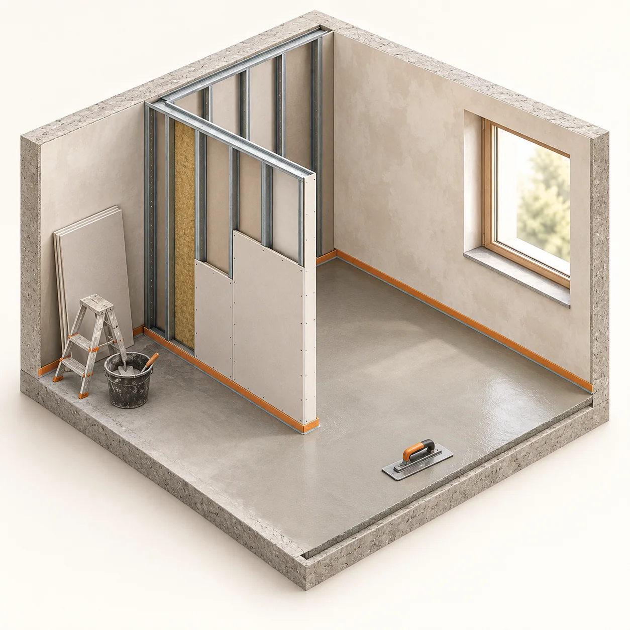 3D-Illustration: Innenausbau – Trockenbau, Putz & Estrich