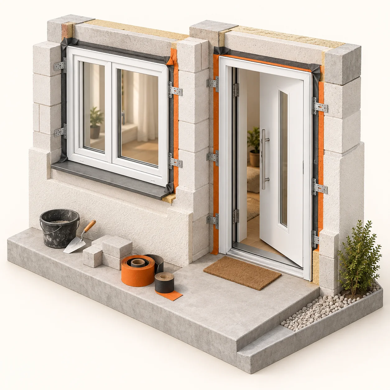 3D-Illustration: Fenster- und Türeneinbau