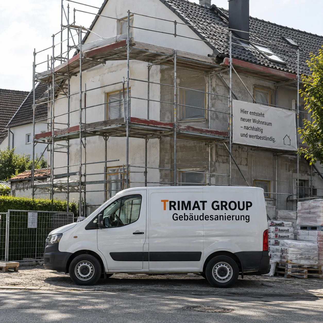 Gebäudesanierung mit Baustelle und beschriftetem TRIMAT GROUP Kleinbus