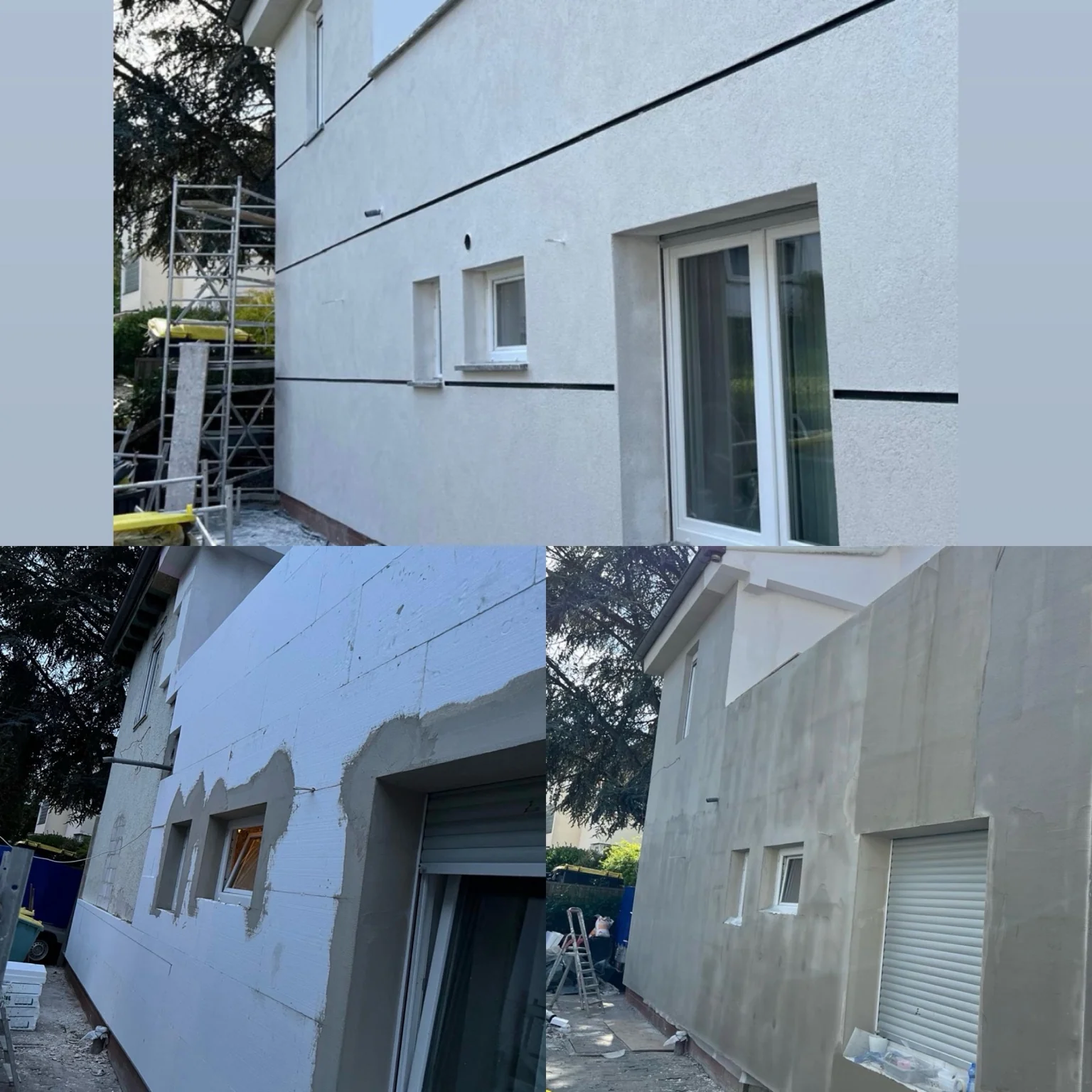 Außenfassade während der Dämmarbeiten und nach der Fertigstellung