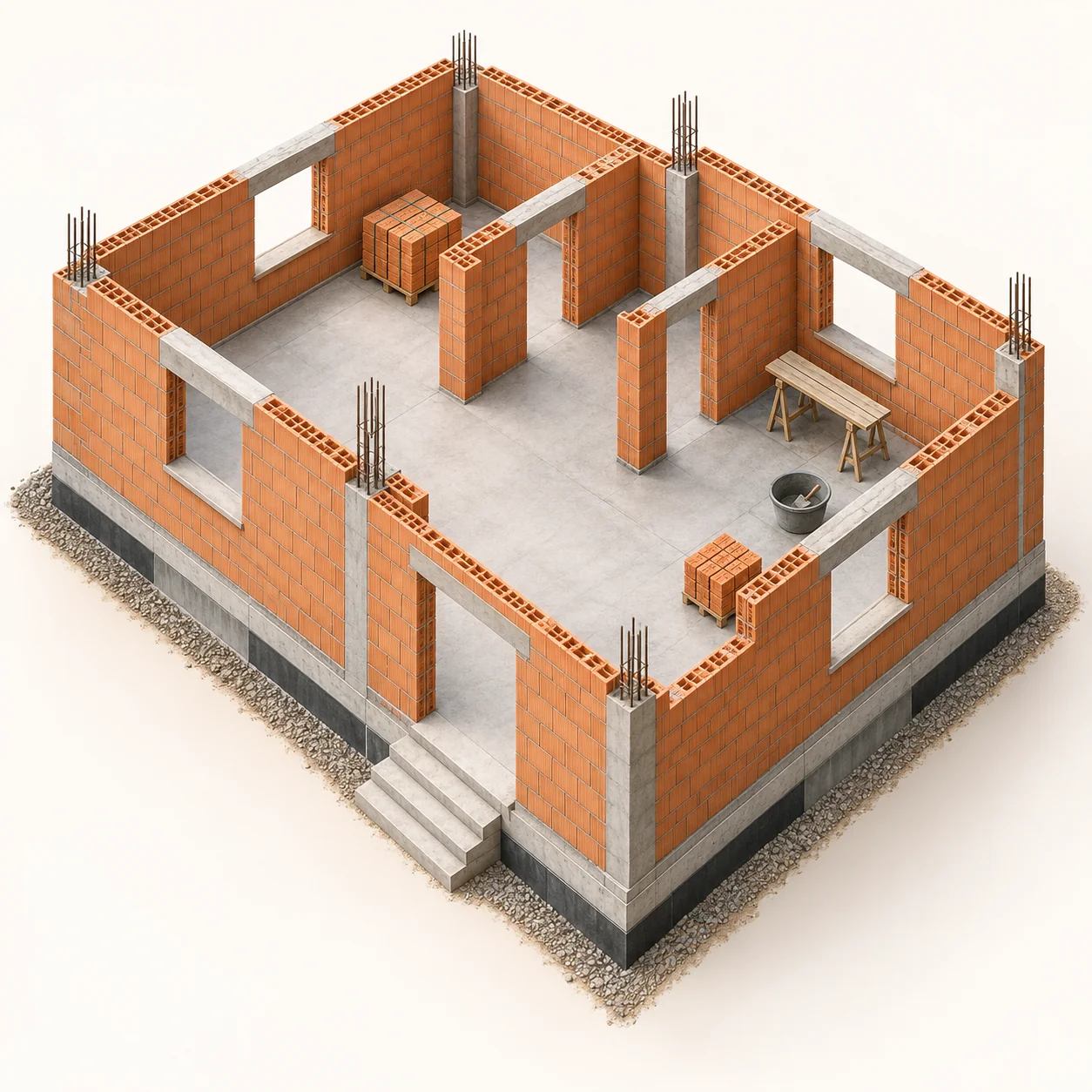 3D-Illustration: Rohbau – Maurer- und Betonarbeiten