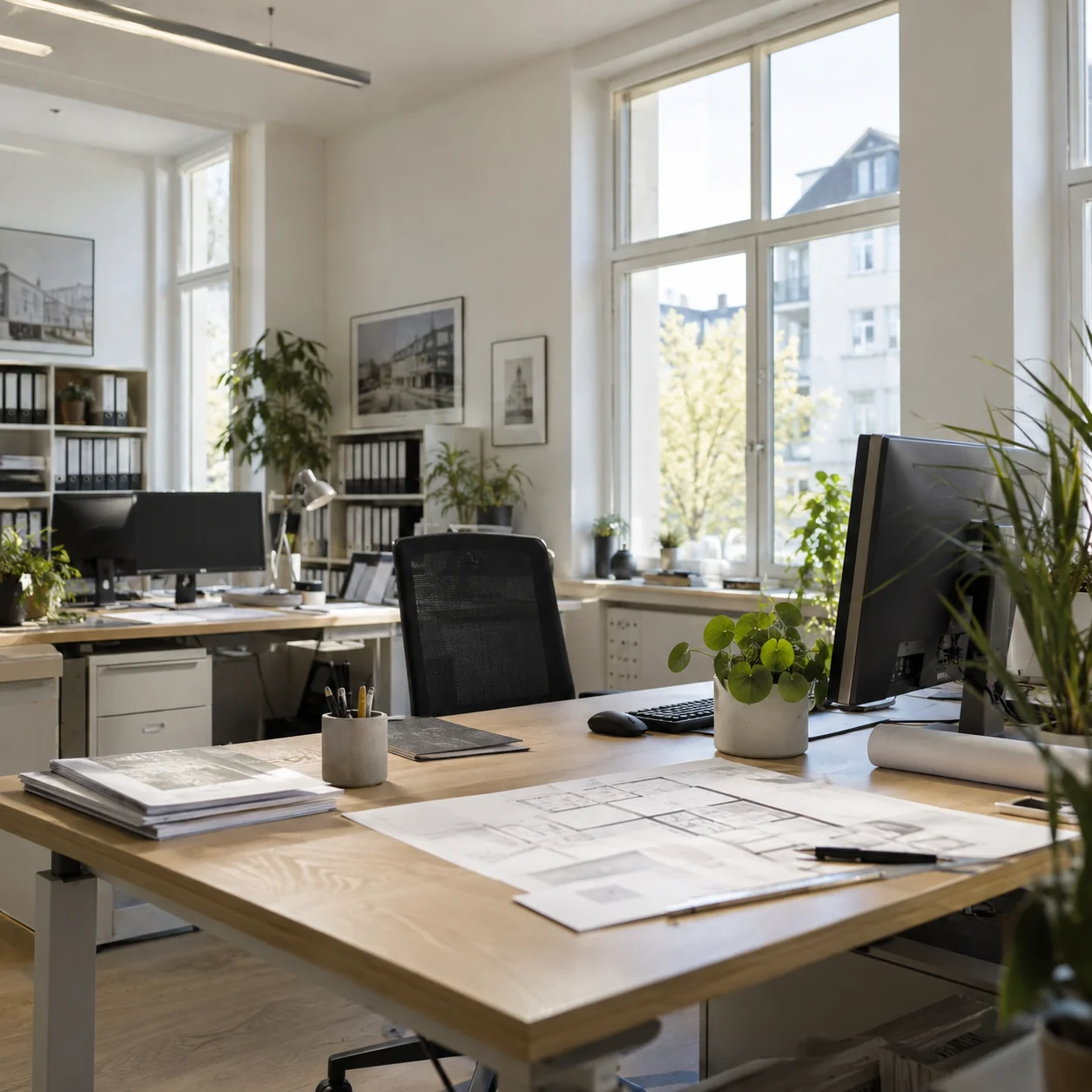 Helle Büroräume mit Arbeitsplätzen und Immobilienunterlagen