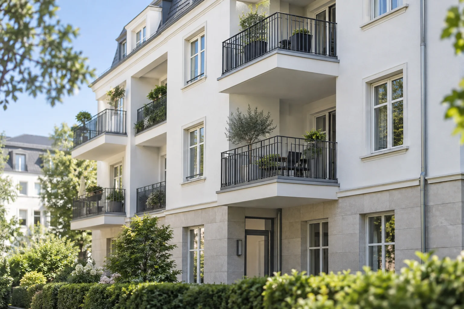 Mehrfamilienhaus mit gepflegter Fassade, Balkonen und Fenstern