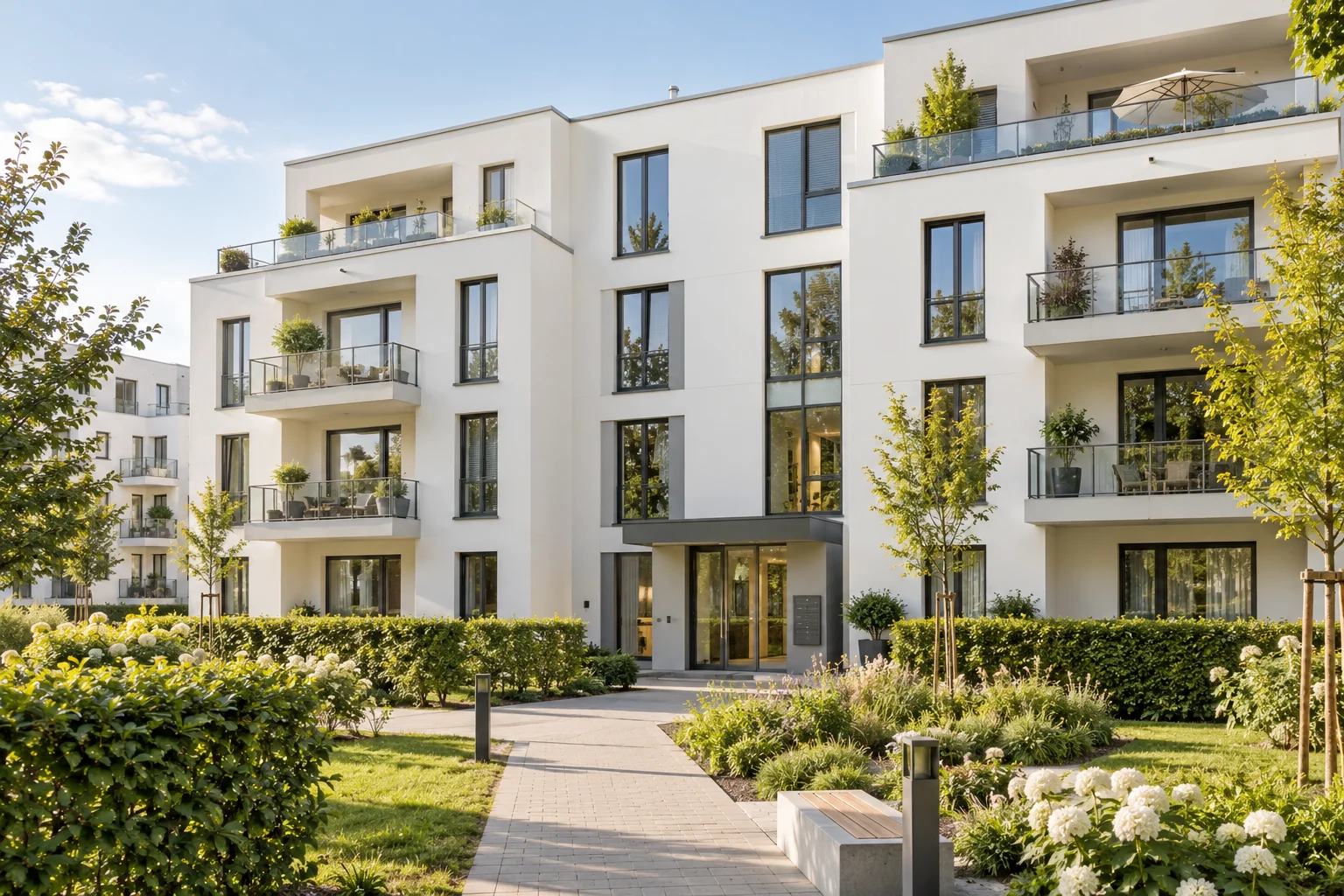 Moderner heller Wohnkomplex mit Balkonen und großzügigen Fenstern